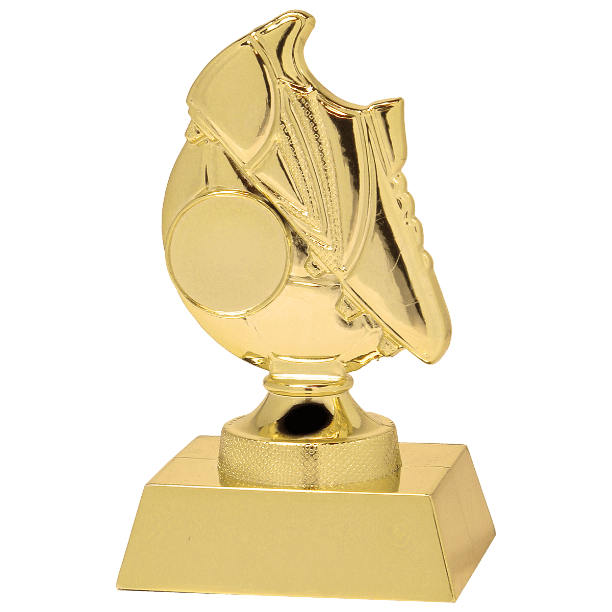 X630_01_39ea04_1 Voetbaltrofee Luuk goud 12,5 cm kunststof met voetbalschoen en voetbal